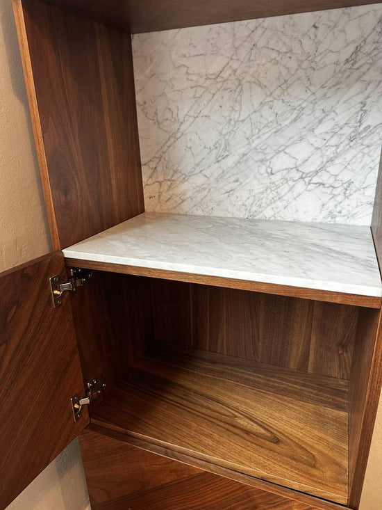 Cb2 Suspend White Marble and Walnut Cabinet