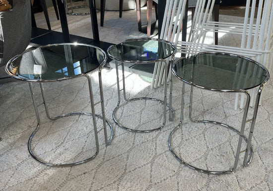 MCM Chrome and Smoke Glass Stackable Side Tables  SET OF 3
