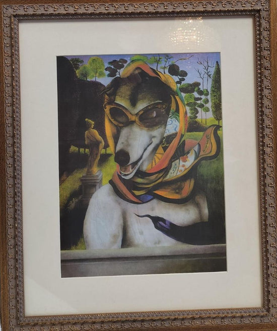 *Art Print. Dog with Sunglasses & Hermes Scarf in Gold Frame.