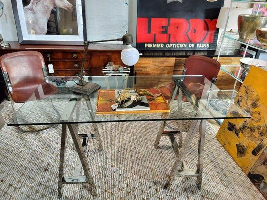 Chrome Leg Sawhorse Glass Top Desk.
