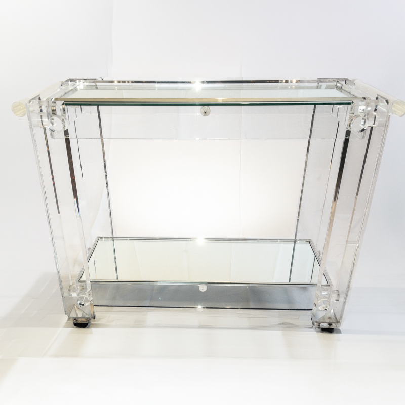 MCM Vintage 1970s Lucite &amp; Glass Rolling Bar Serving Cart