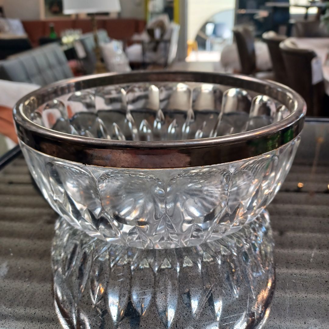 *Vintage Cut Glass Bowl. Silver Rim.