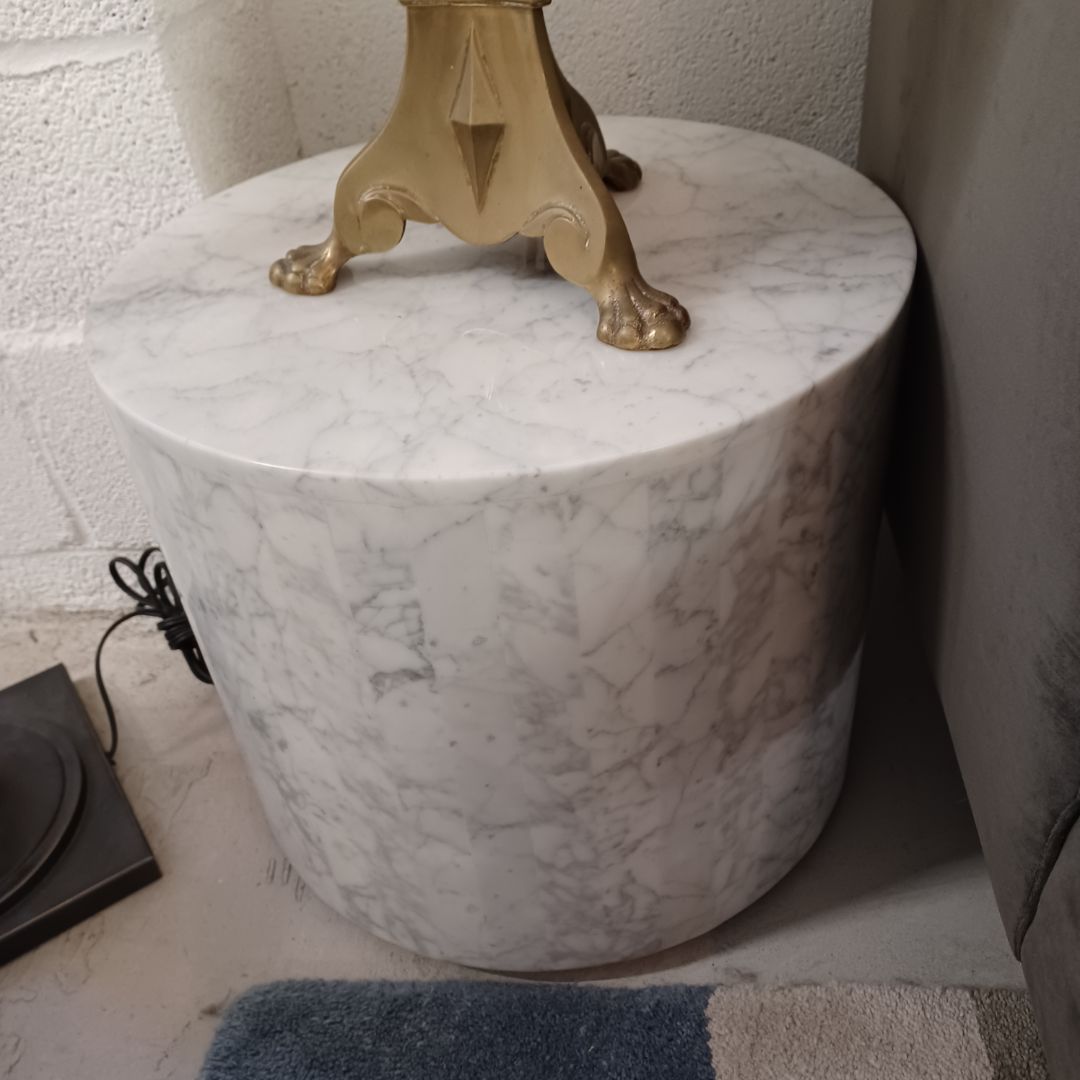 France &amp; Son Carrara Marble Drum Side Table. Polished.