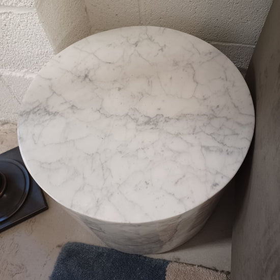 France & Son Carrara Marble Drum Side Table. Polished.