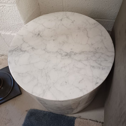 France &amp; Son Carrara Marble Drum Side Table. Polished.