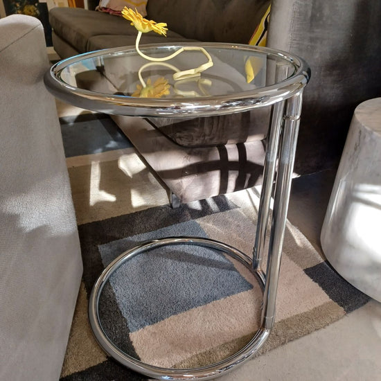 Chrome & Glass Side Table In The Style Of Eileen Gray. Price EACH.