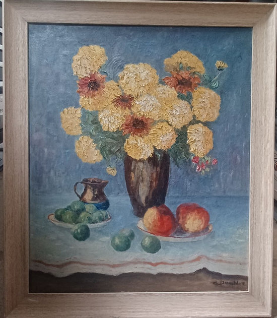*Vintage French Painting Of Mums In Vase