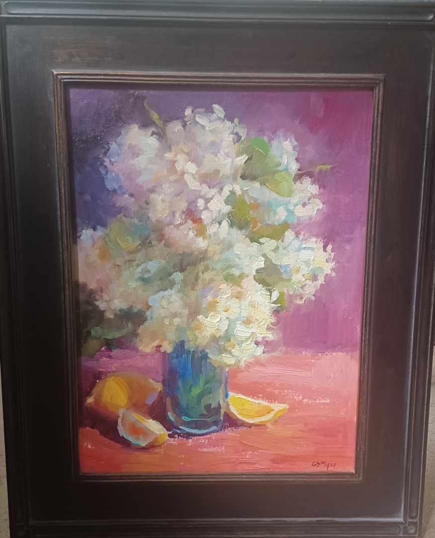 Still Life Of Hydrangeas And Lemons. Original by Carol Smith Myer.