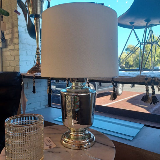 Jamie Young Lafitte Mercury Glass Table Lamp. Off White Shade.