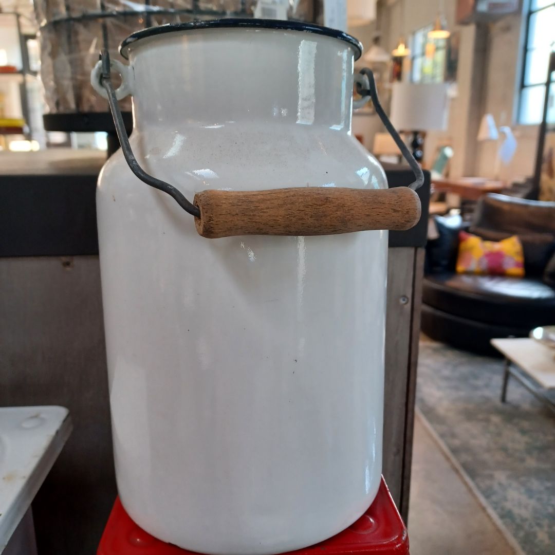 Vintage White Enameled Canister With Handle