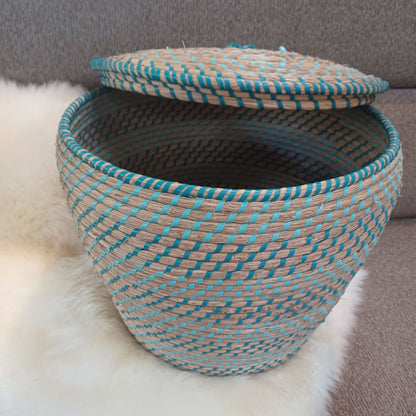 Natural Fiber And Teal Blue Resin Basket with Lid