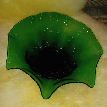 **Hand Blown Green Glass Ruffled Bowl