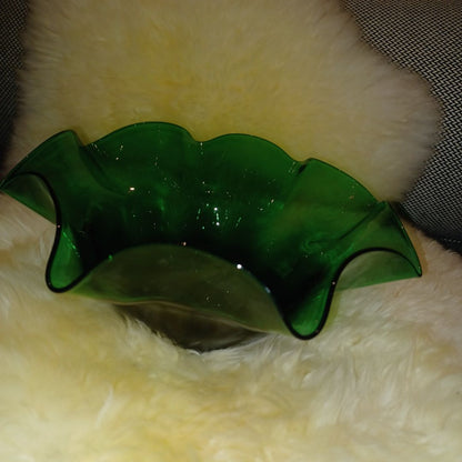 **Hand Blown Green Glass Ruffled Bowl