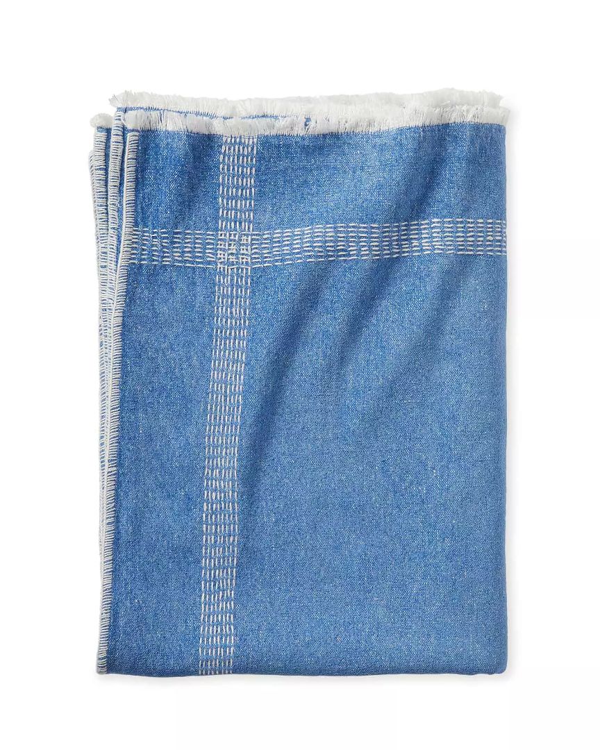 Linen Chenille Throw by Serena &amp; Lily. Blue with White Stiching. ($448 reg retail)