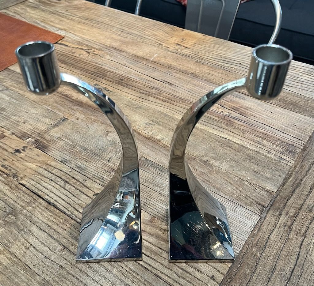 Vintage Modern Polished Chrome Candle Holders  PAIR