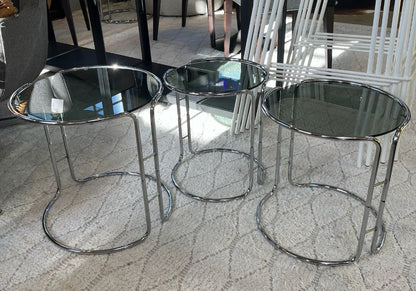 MCM Chrome and Smoke Glass Stackable Side Tables  SET OF 3