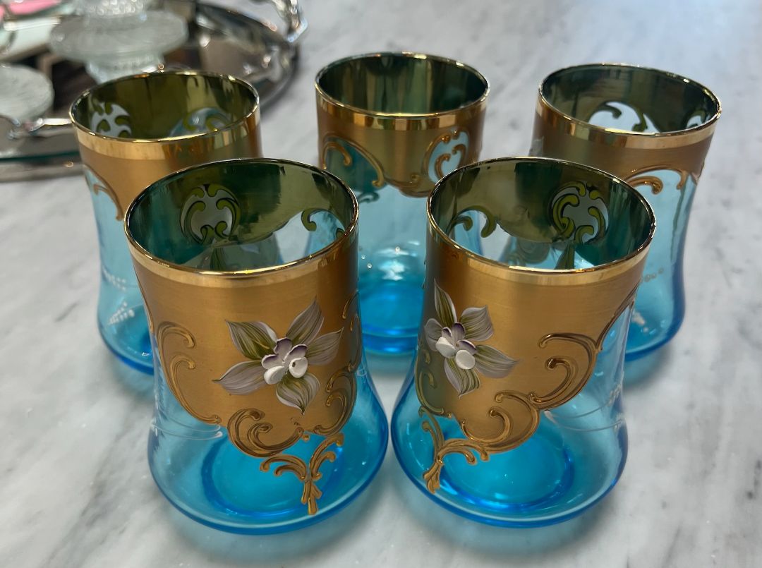 Vintage Venetian Murano Glass w/ Gold Gilt &amp; Flower  SET OF 5