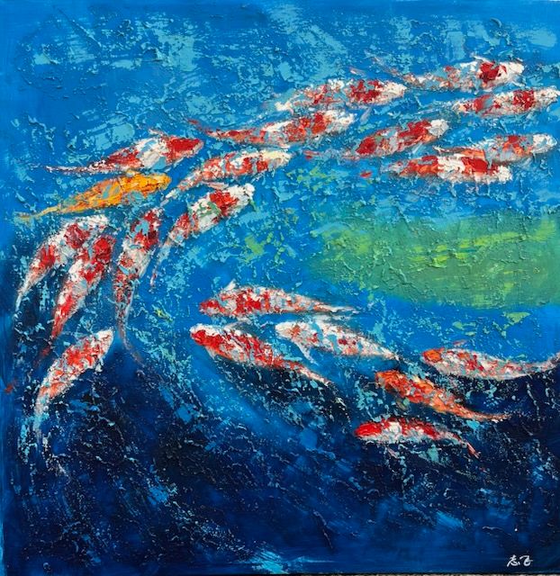 Original Koi Fish Oil Painting Wall Art  PAIR