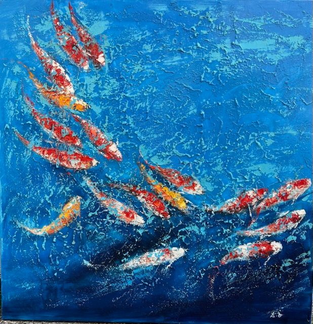 Original Koi Fish Oil Painting Wall Art  PAIR