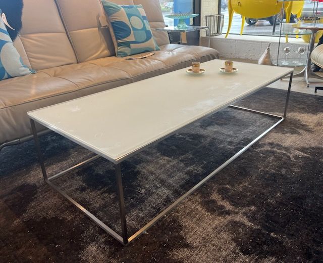 Custom Steel and Matte White Glass Top Coffee Table