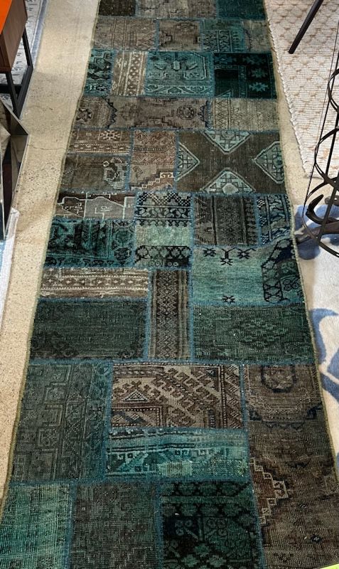 Vintage Turkish Handmade Wool Teal Patchwork Area Rug