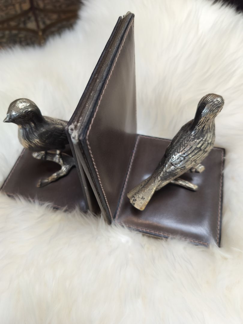 Set of Book Ends. Leather and Pewter Birds