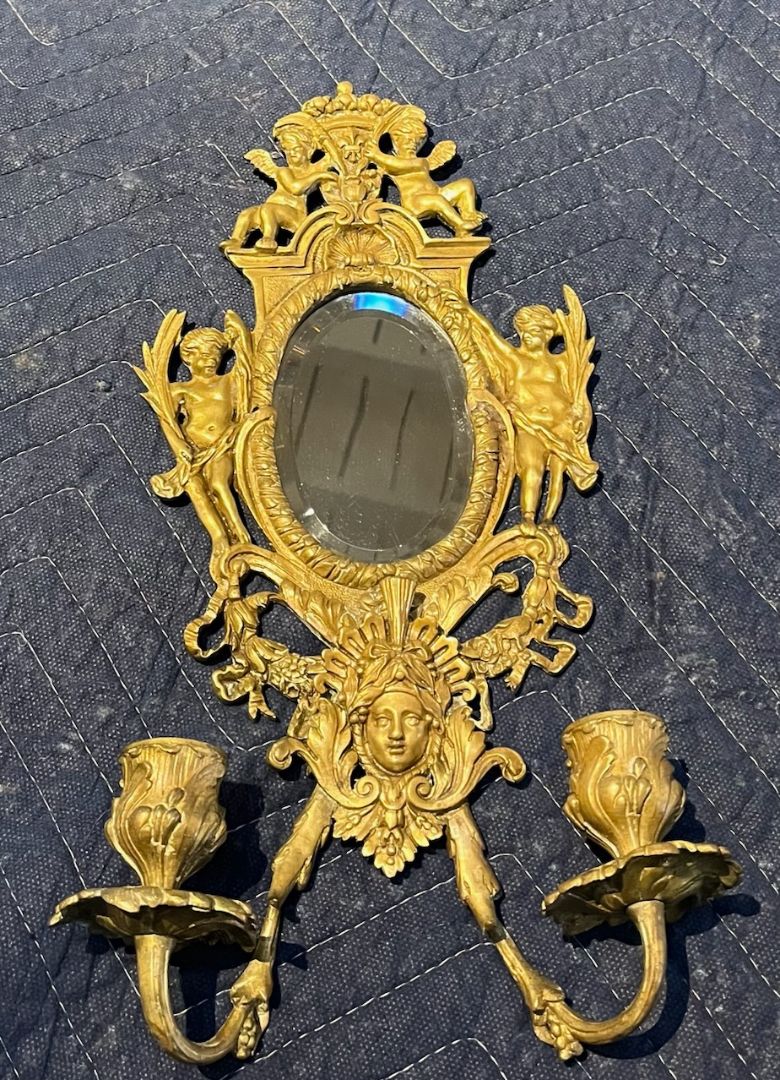 Ornate Cherub Brass Oval Mirror &amp; Candle Holder