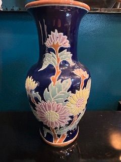 Vintage Asian Blue and Colorful Chrysanthemum Flower Vase