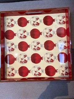 Rock, Flowers, &amp; Paper Vintage Red lacquer Coffee table/tea tray with pomegranate design