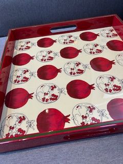 Rock, Flowers, &amp; Paper Vintage Red lacquer Coffee table/tea tray with pomegranate design