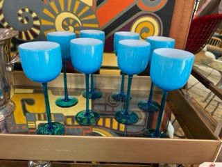 Murano Glass Set of 8 Carlo Moretti Vintage blue stem glasses