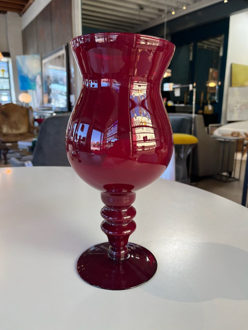 Vintage Ruby Red Blown Glass Footed Vase