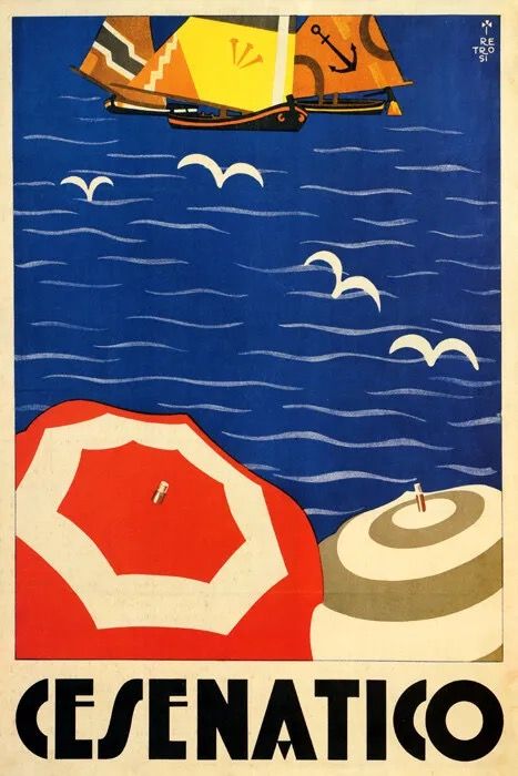 Vintage Cesenatico Port Town Sailboat Beach Travel Poster