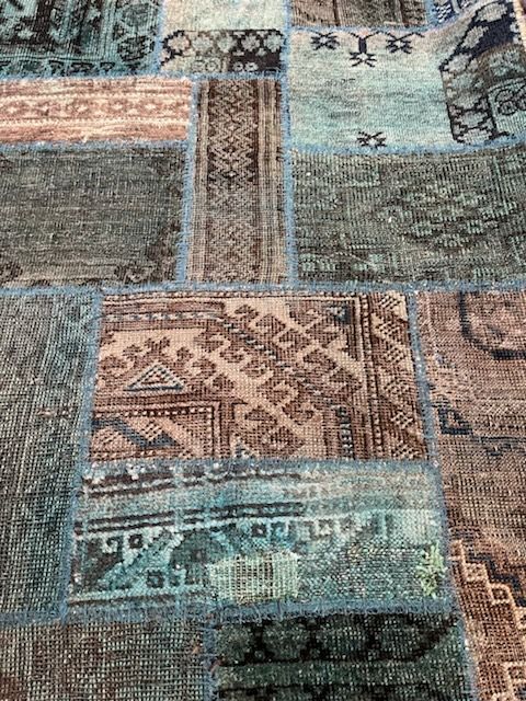 Vintage Turkish Handmade Wool Teal Patchwork Area Rug