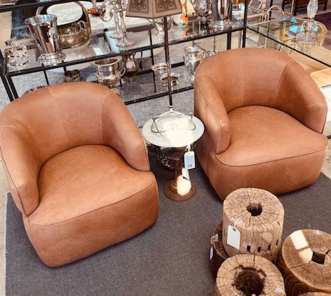 Timothy Oulton Swivel Leather Barrel Chairs in Dune Brushed Leather