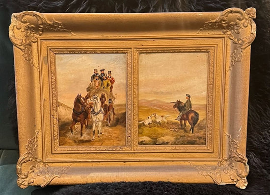 Antique English Oil on Board. Hunting Scene. Diptych.