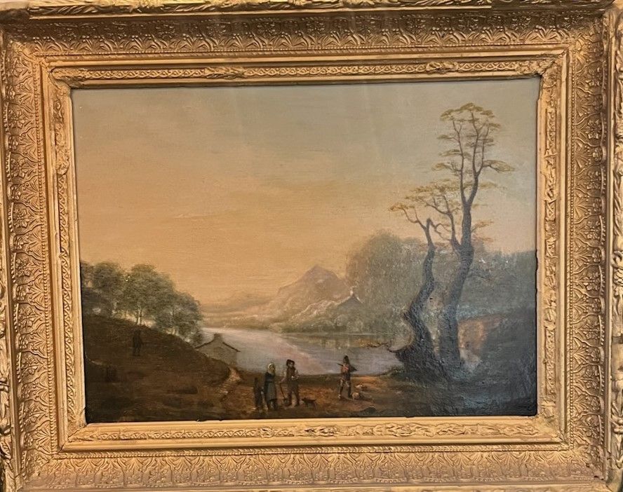 Antique English oil on Board Gold Frame. Mountain View.