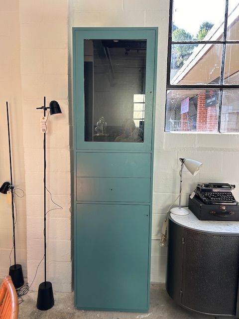 Custom Made Blue Glass Door &amp; Drawers Cabinet