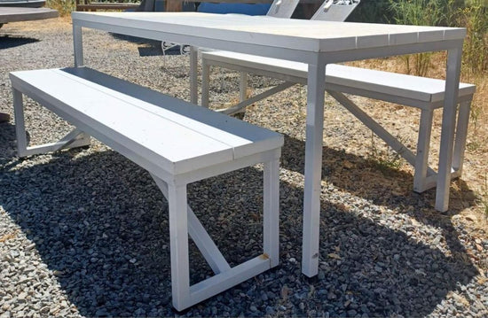 Bench. White Metal Base. Plank Top. Price EACH.
