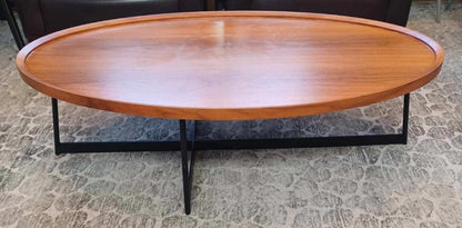 Walnut And Black Metal Base Oval Coffee Table, 47.25&quot;W x 27.50&quot;D x 13.75&quot;H