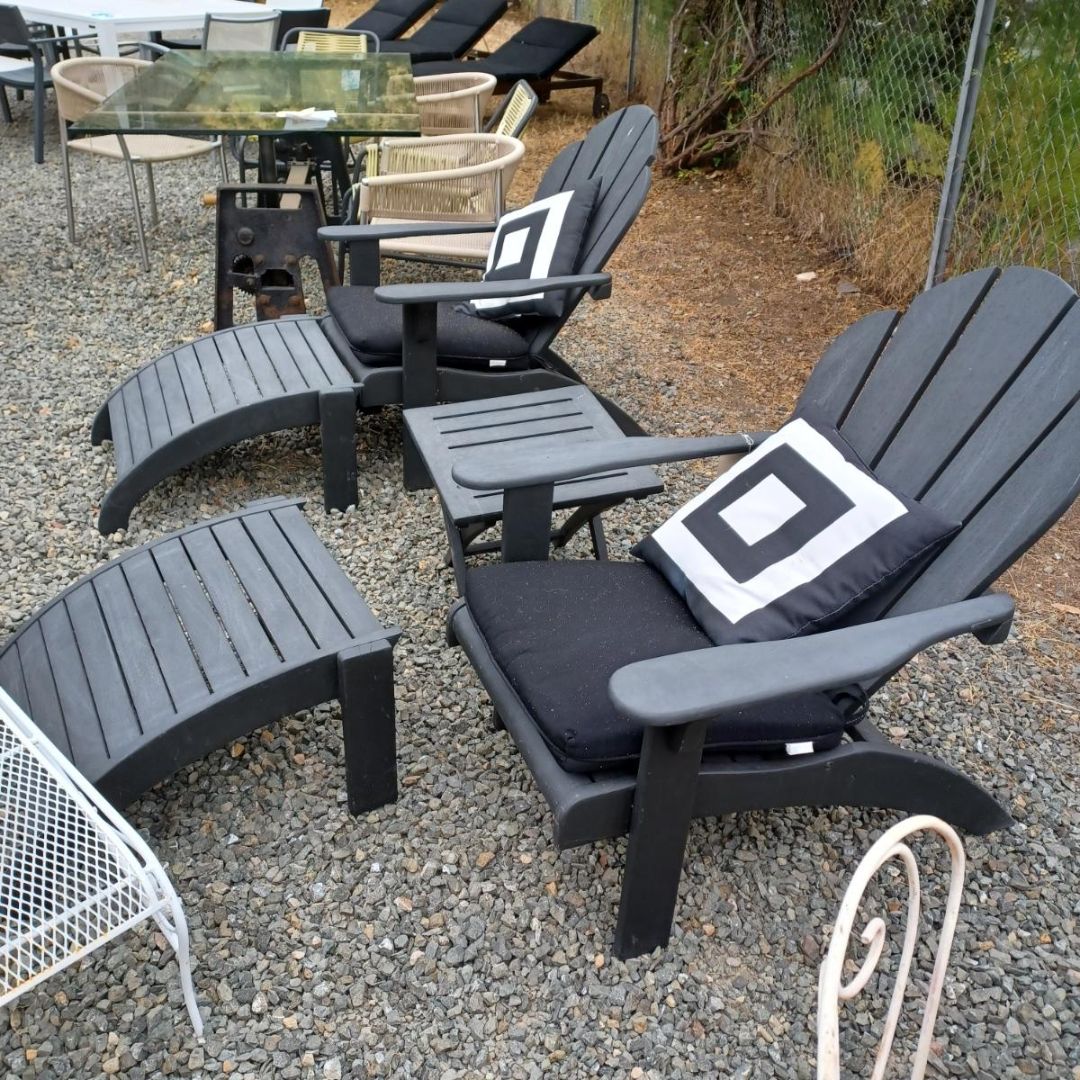 **Black Painted Teak: 2 Adirondack Chairs, 2 Ottomans, 1 Side Table