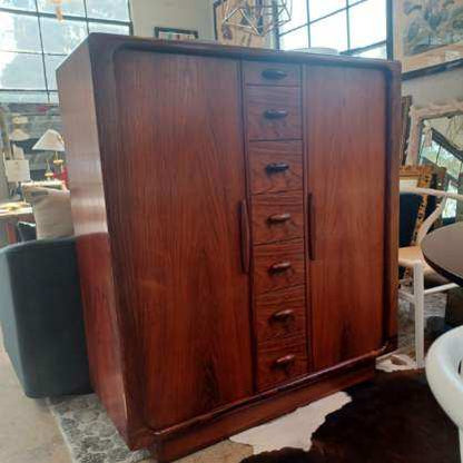 Dyrlund Mid Century Rosewood Tambour Door Highboy Dresser Armoire