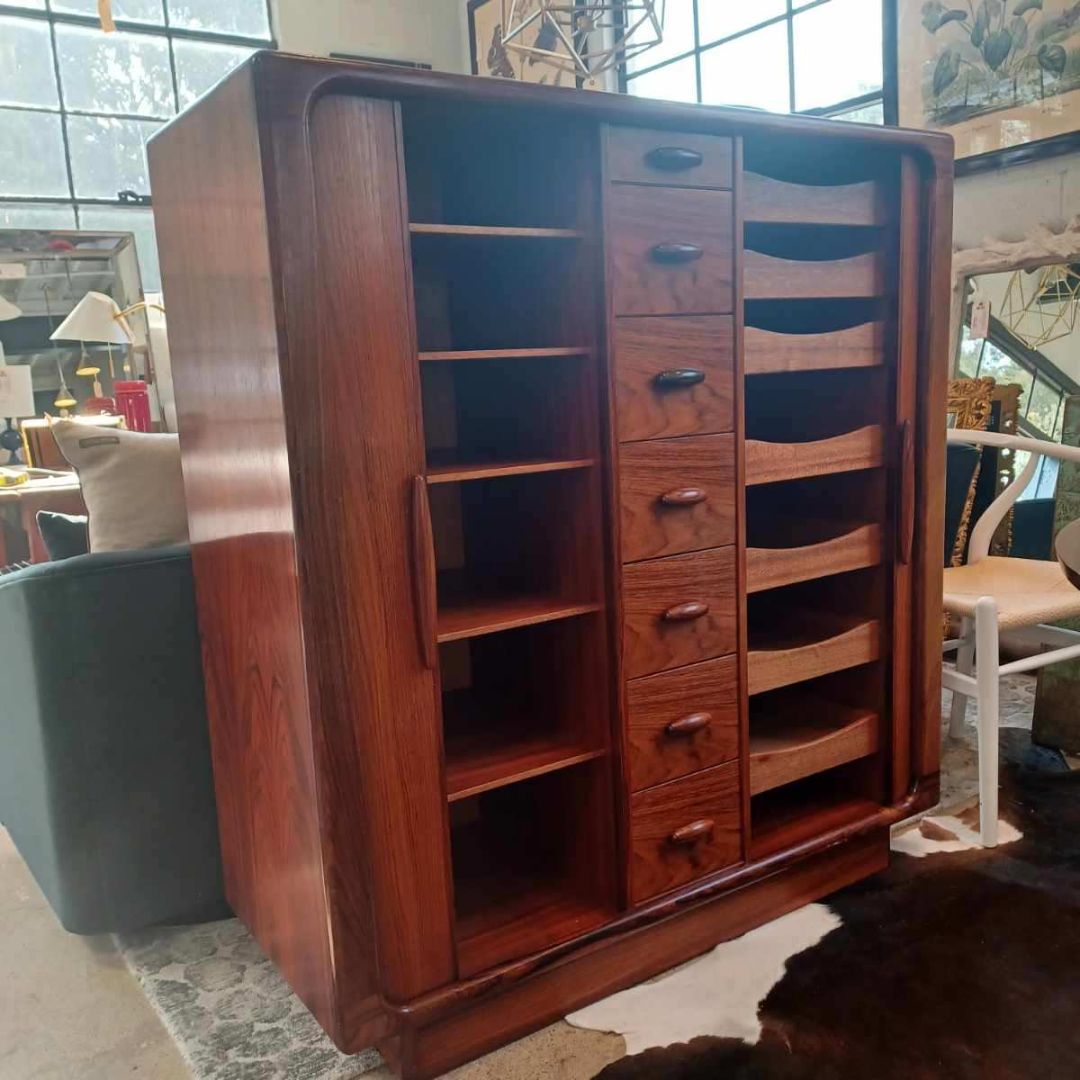 Dyrlund Mid Century Rosewood Tambour Door Highboy Dresser Armoire