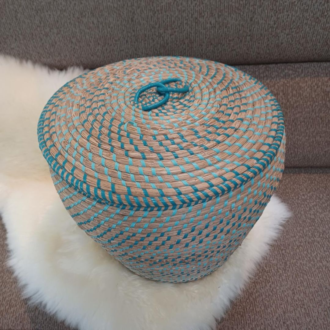 Natural Fiber And Teal Blue Resin Basket with Lid