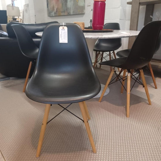 Black Molded Plastic Chairs, Wood Base      SET OF 5