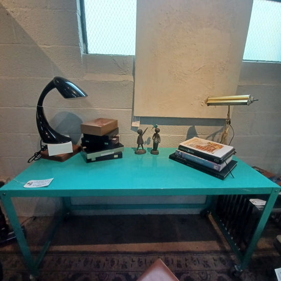Turquoise Desk. Casters Base. Metal.