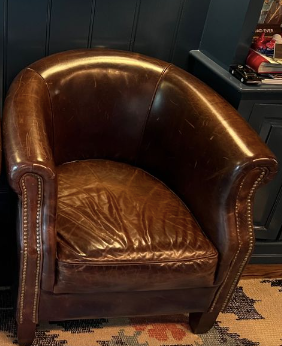 RH French Tuxedo Leather Club Chair with brass nail heads