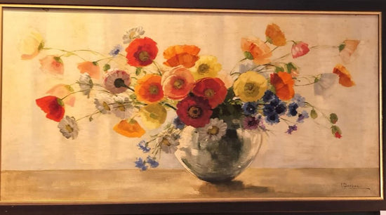 Vintage French Original Oil on Board. Poppies.