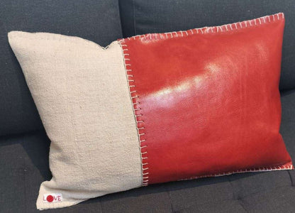 Genuine Leather &amp; Vintage/Antique Linen Pillow. Handmade. Red.