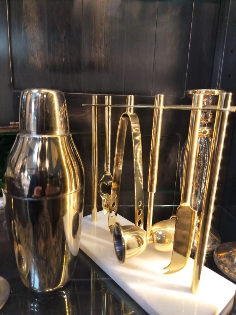 Brass Barware Set on Marble Stand